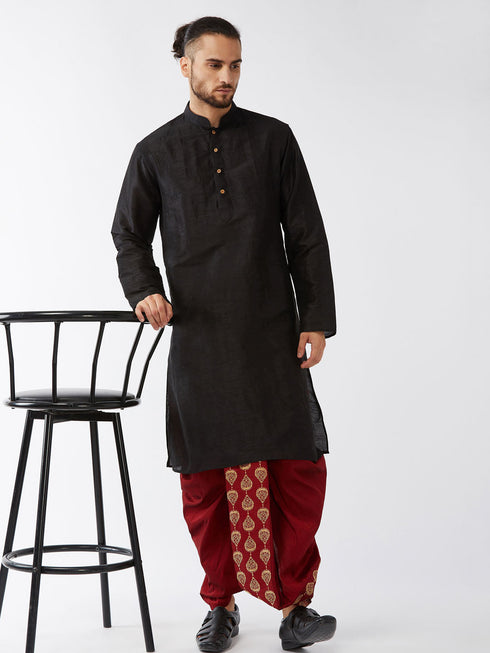 Vastramay Men's Black And Maroon Silk Blend Kurta And Dhoti Set